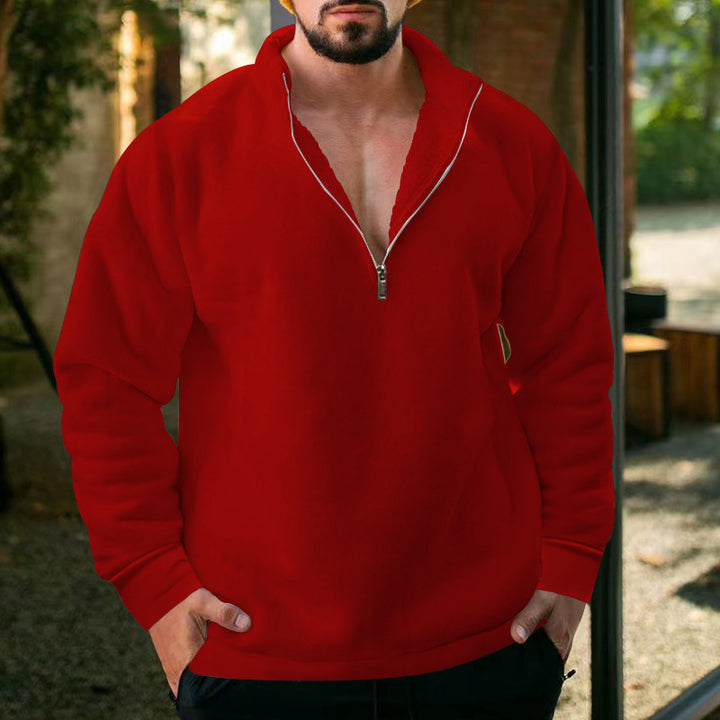 Autumn and winter velvet half zipper pullover solid color casual sweatshirt for men - GEEKLIGHTING