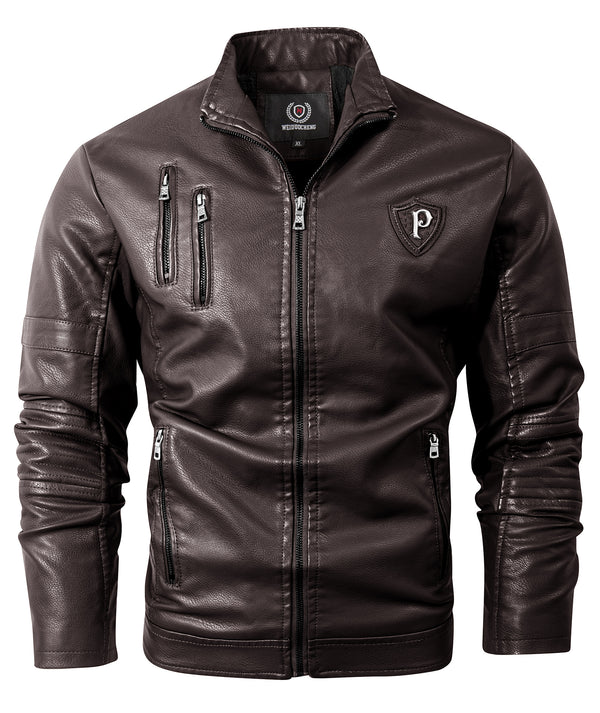 Men's Full Zipper Stand Collar Leather Jacket-ZPK005682