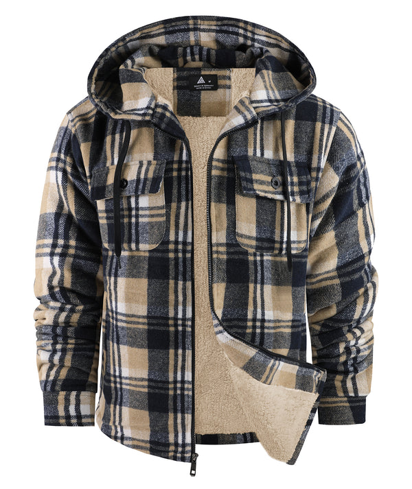 Men's Long Sleeve Winter Fleece Plaid Hoodie-CUMJA04090