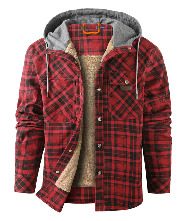Men's Long Sleeve Hooded Plaid Fleece Hoodie-AUMPJ00587