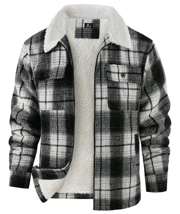 Men's Long Sleeve Full Zipper Plaid Fleece Shirt-CUMJA04084