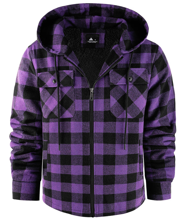 Men's Full Zip Up Plaid Fleece Lined Hoodie-CUMJA04085