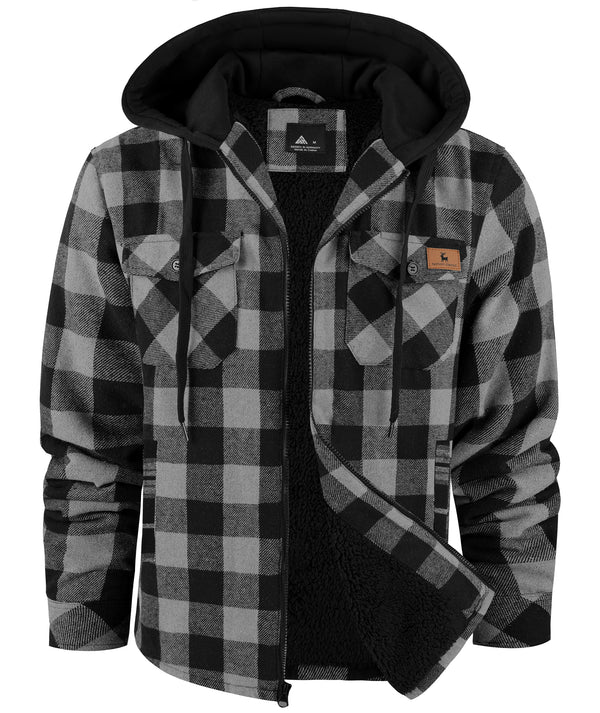 Men's Full Zipper Fleece Lined Plaid Hoodie-CUMJA04092