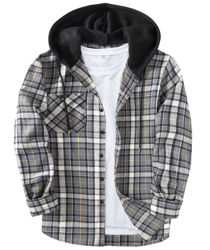 Men's Flannel Plaid Button Down Hoodie Shist - CUMLT01039 - GEEKLIGHTINGMen Clothes