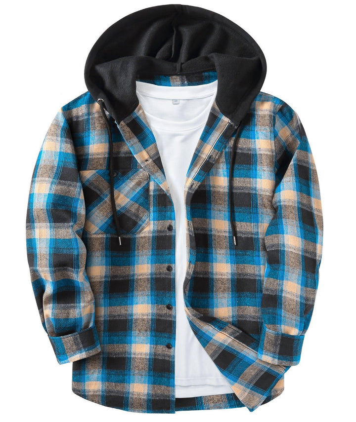 Men's Flannel Plaid Button Down Hoodie Shist - CUMLT01039 - GEEKLIGHTINGMen Clothes