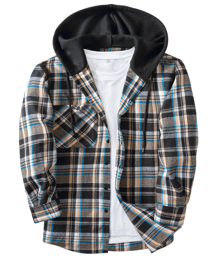 Men's Flannel Plaid Button Down Hoodie Shist - CUMLT01039 - GEEKLIGHTINGMen Clothes