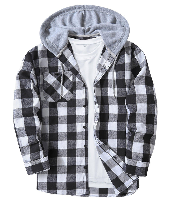 Men's Flannel Plaid Long Sleeve Button Down Hooded Shirts - CFMMX20007 - GEEKLIGHTINGMen Clothes