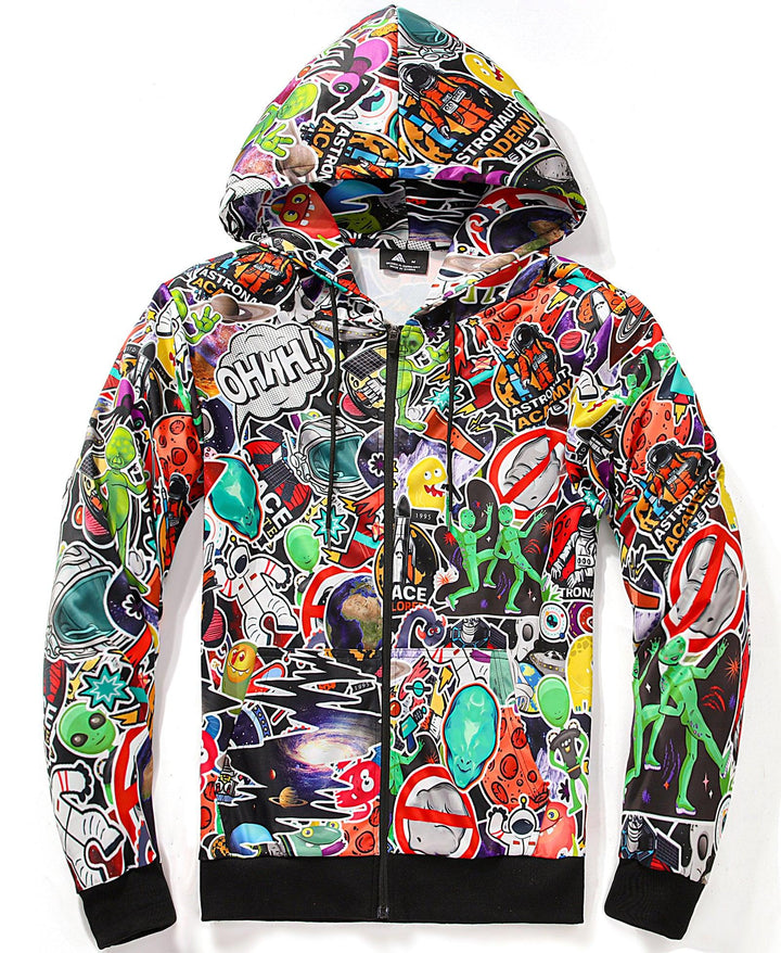 Men's Graffiti Print Zip Up Winter Long sleeve Hoodie Sweatshirts - ZPK006184 - GEEKLIGHTINGMen Clothes