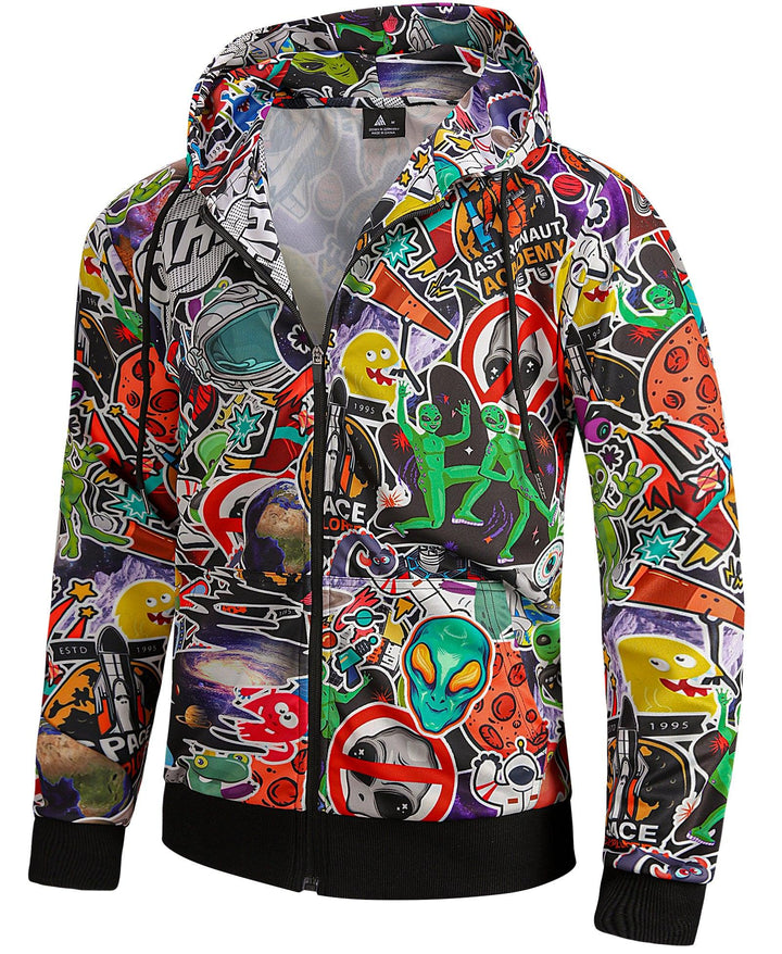 Men's Graffiti Print Zip Up Winter Long sleeve Hoodie Sweatshirts - ZPK006184 - GEEKLIGHTINGMen Clothes