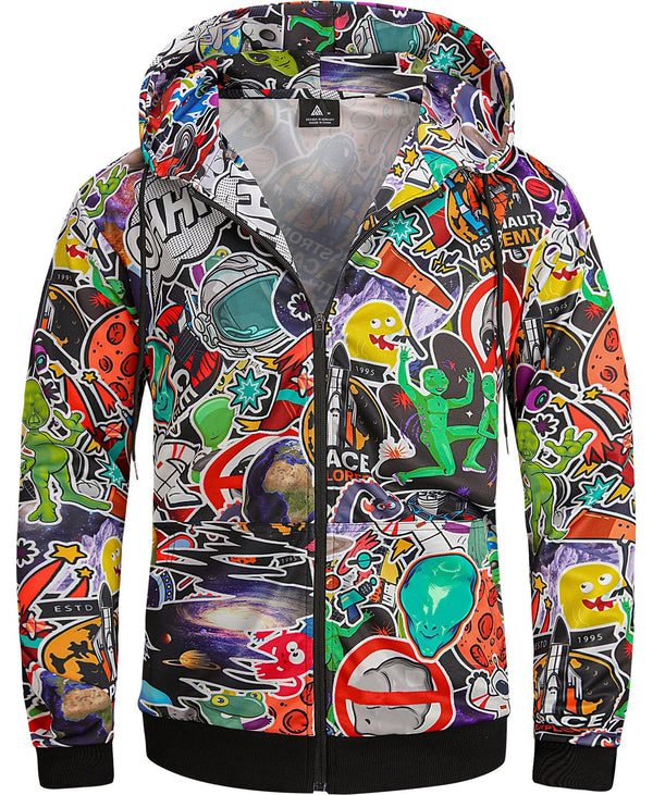 Men's Graffiti Print Zip Up Winter Long sleeve Hoodie Sweatshirts - ZPK006184 - GEEKLIGHTINGMen Clothes