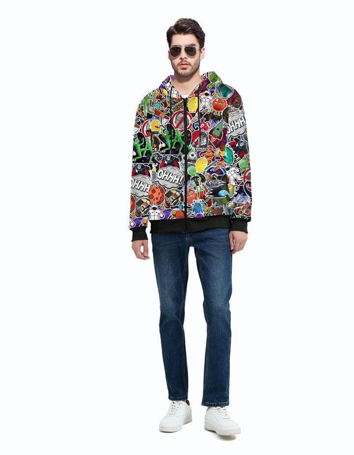 Men's Graffiti Print Zip Up Winter Long sleeve Hoodie Sweatshirts - ZPK006184 - GEEKLIGHTINGMen Clothes