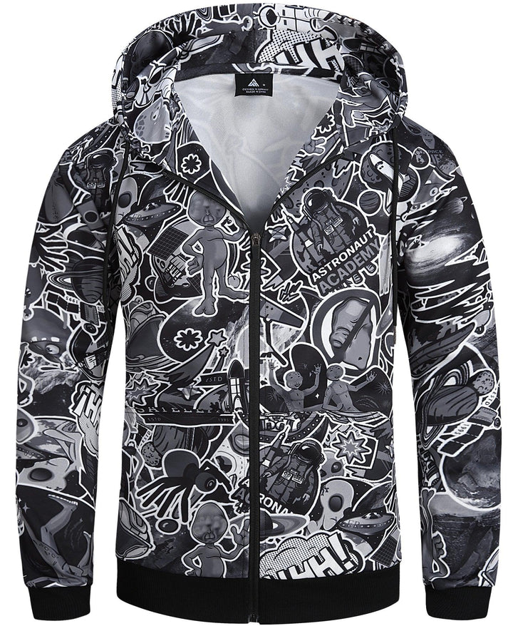 Men's Graffiti Print Zip Up Winter Long sleeve Hoodie Sweatshirts - ZPK006184 - GEEKLIGHTINGMen Clothes