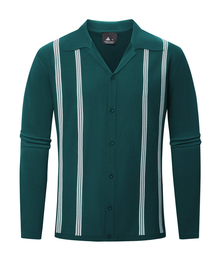 Men's Long Sleeve Knit Vintage Vercital Stripe Casual Polo Shirt - ZPK006437 - GEEKLIGHTINGMen Clothes