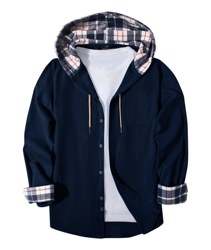 Men's Plaid Flannel Long Sleeve Button Up Hoodie for Outwork - ZPK007042 - GEEKLIGHTINGMen Clothes