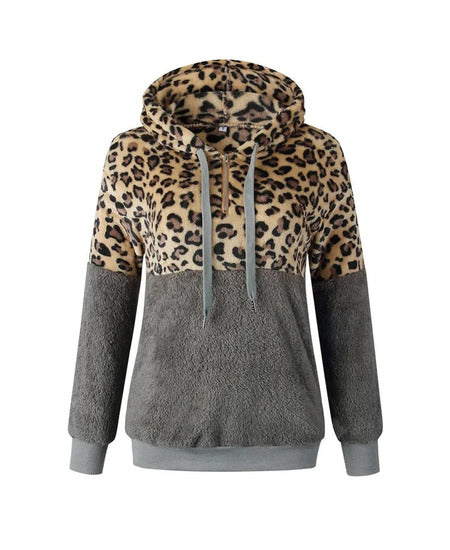 Grianlook Women Hooded Tops Leopard Print Hoodies Drawstring Teddy Fleece Sweatshirt Geeklighting-ZPK008486 - GEEKLIGHTING